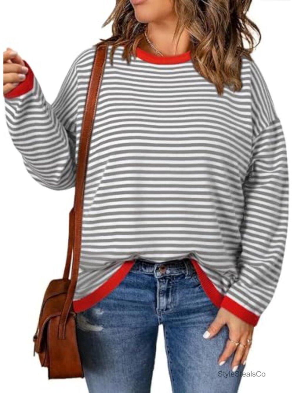 Plus Size Crewneck Striped Drop Shoulder Pullover Sweater Loose Knit